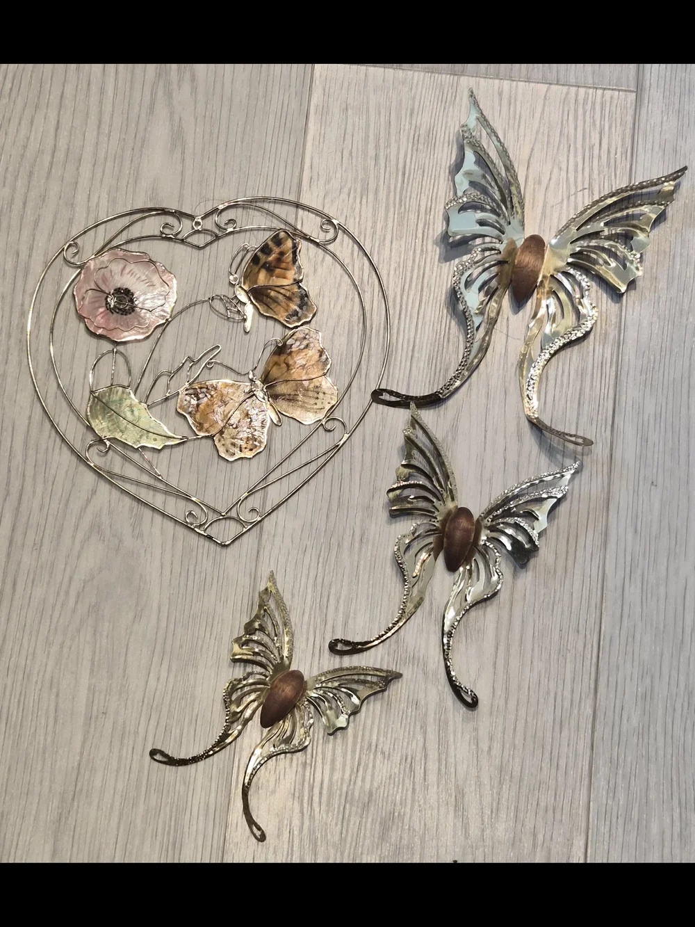 Gold and Pink Heart Floral Wall Art with Gold Butterflies - Decorative Metal Set